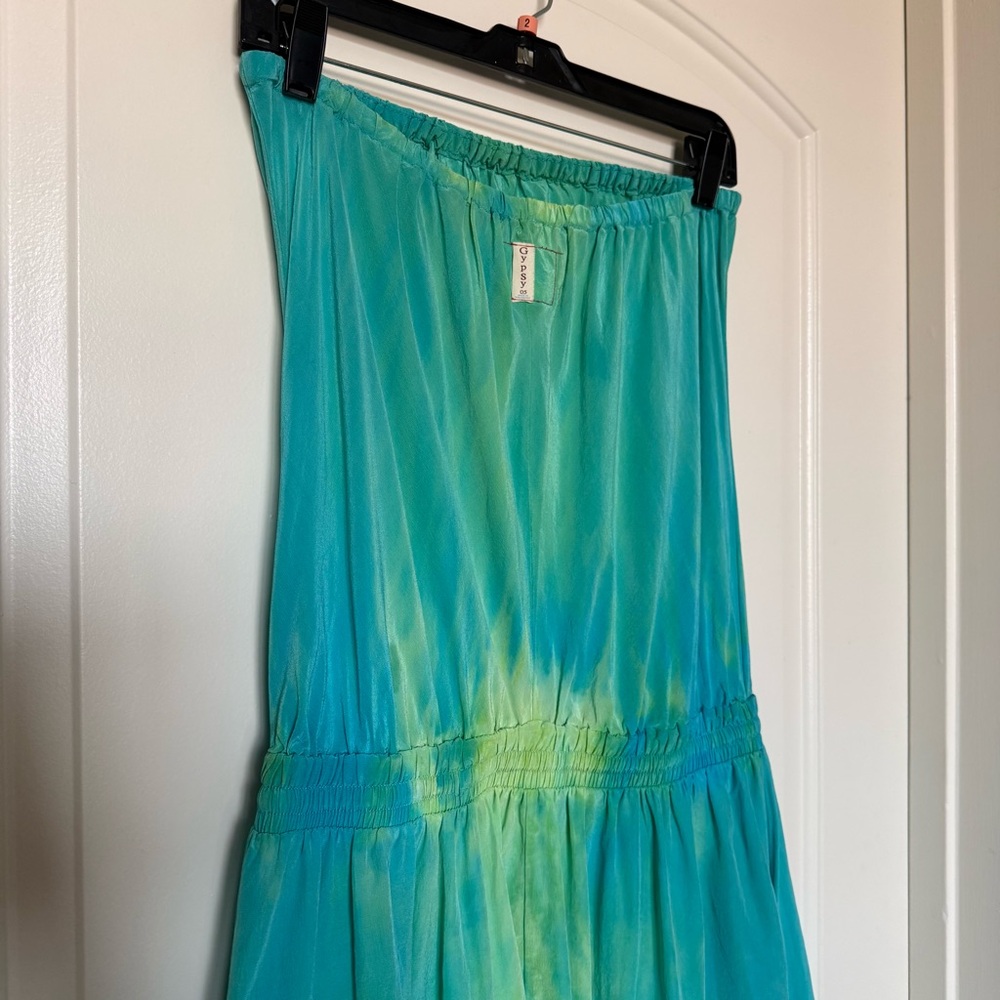 Gypsy 05 Turqoise/Green watercolor Strapless mini Dress charm on drawstring boho - Picture 8 of 11